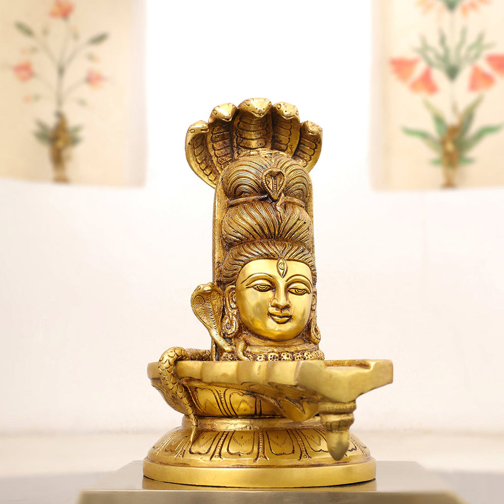 Brass Lord Shiva Mukhalingam with Naga Canopy Shivling Idol (12.5 Inch) Vedansh Craft