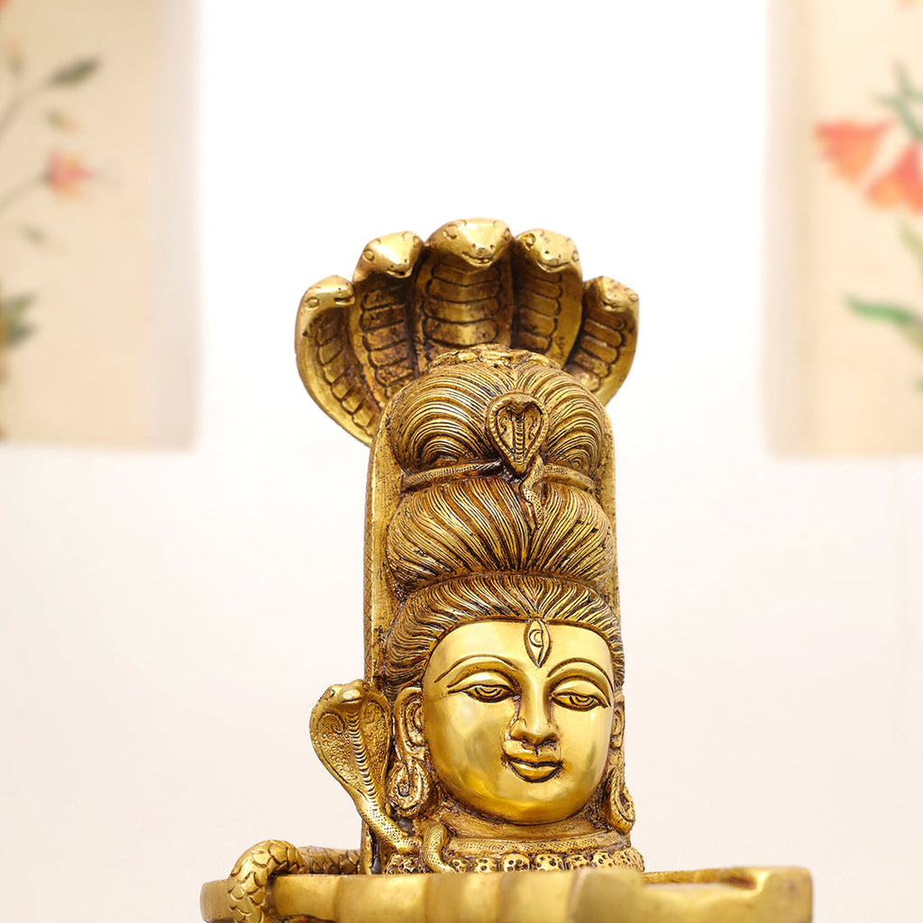 Brass Lord Shiva Mukhalingam with Naga Canopy Shivling Idol (12.5 Inch) Vedansh Craft