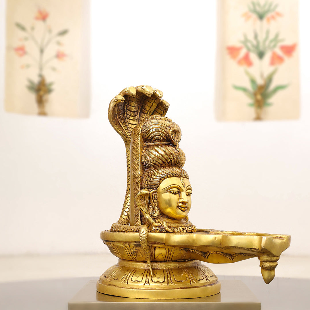 Brass Lord Shiva Mukhalingam with Naga Canopy Shivling Idol (12.5 Inch) Vedansh Craft