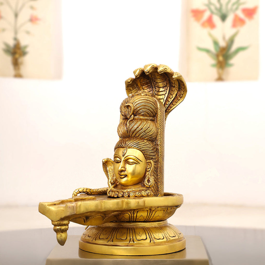 Brass Lord Shiva Mukhalingam with Naga Canopy Shivling Idol (12.5 Inch) Vedansh Craft