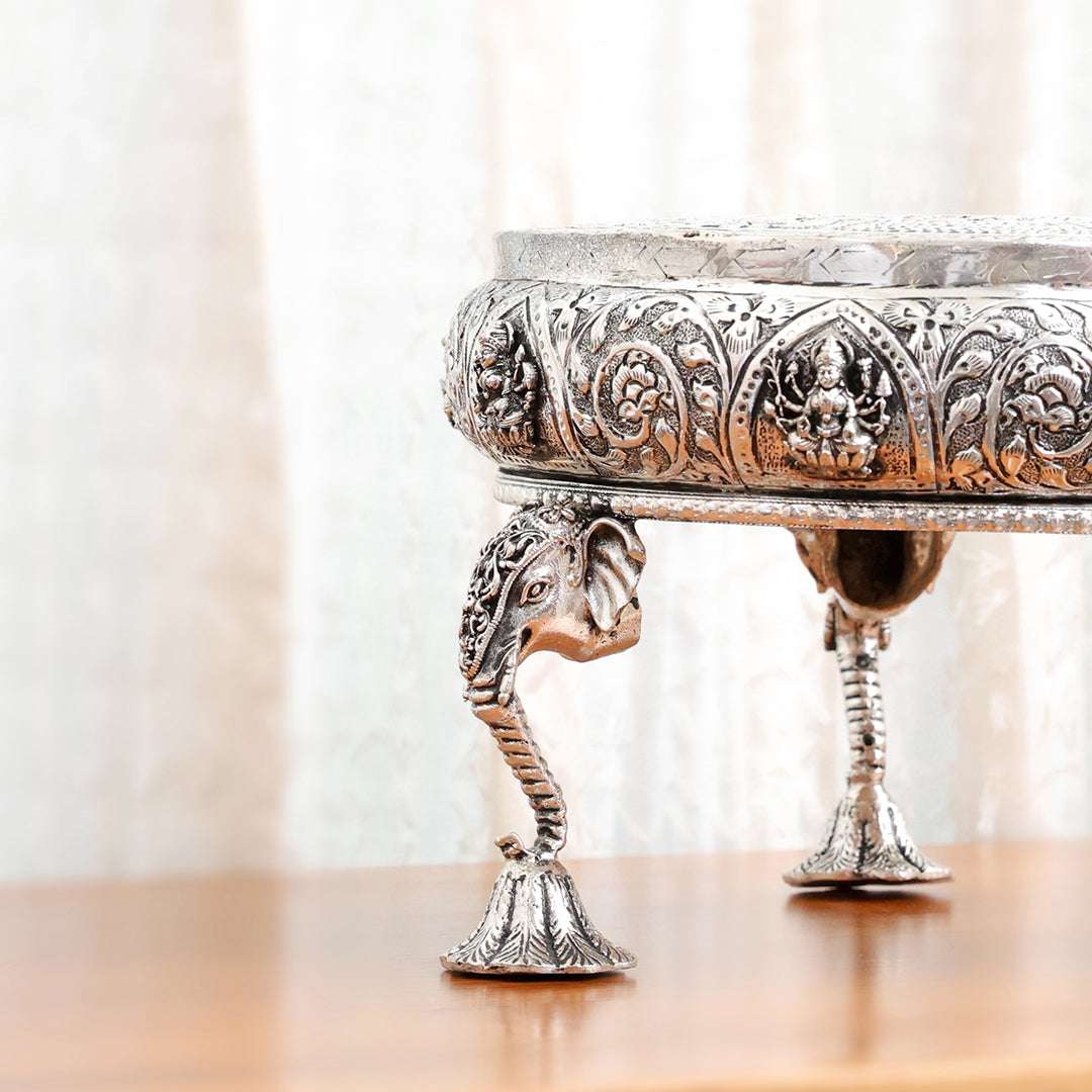 Brass Silver Plated Ashtalakshmi Chowki With Elephant Pillars (6.5 Inch) Vedansh Craft