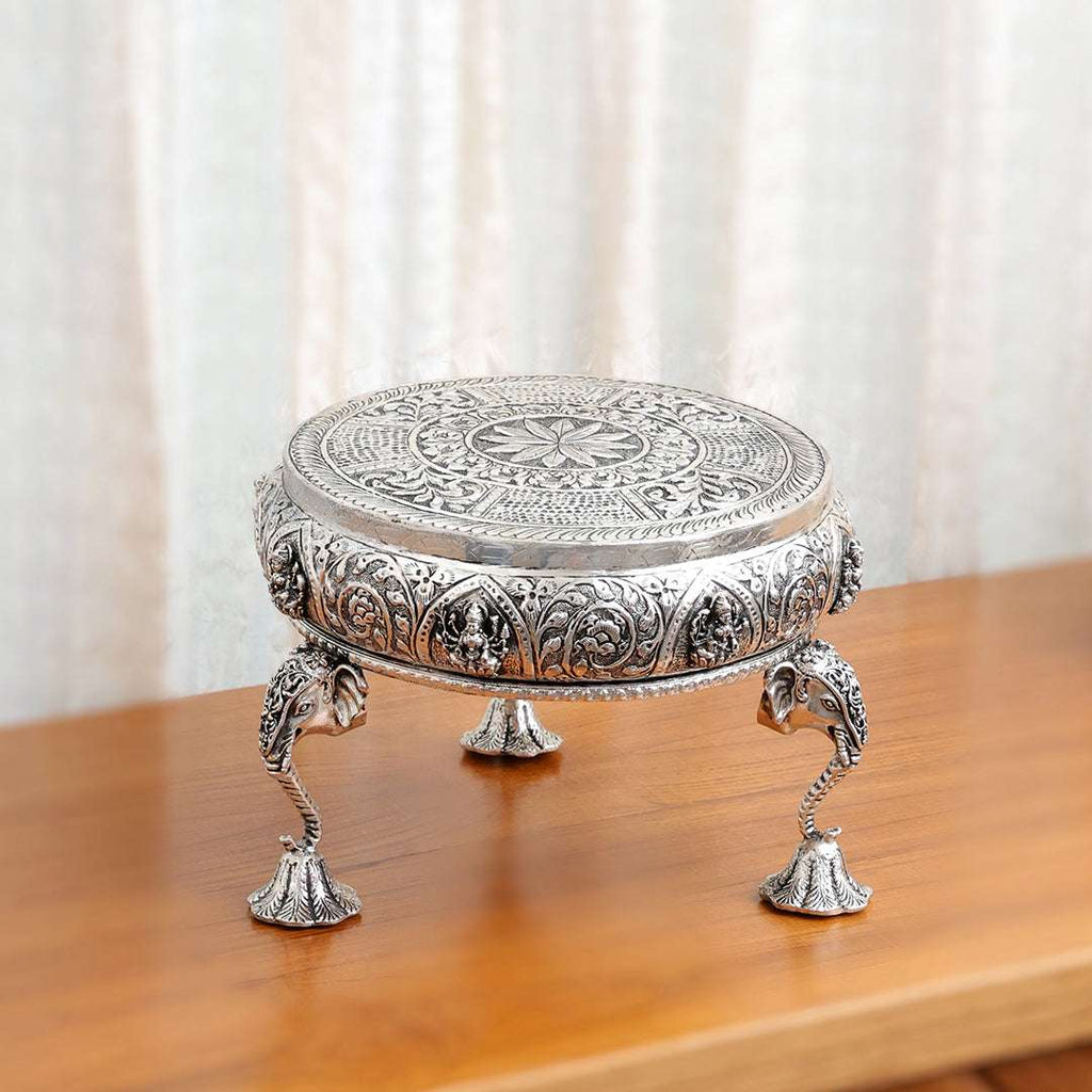 Brass Silver Plated Ashtalakshmi Chowki With Elephant Pillars (6.5 Inch) Vedansh Craft