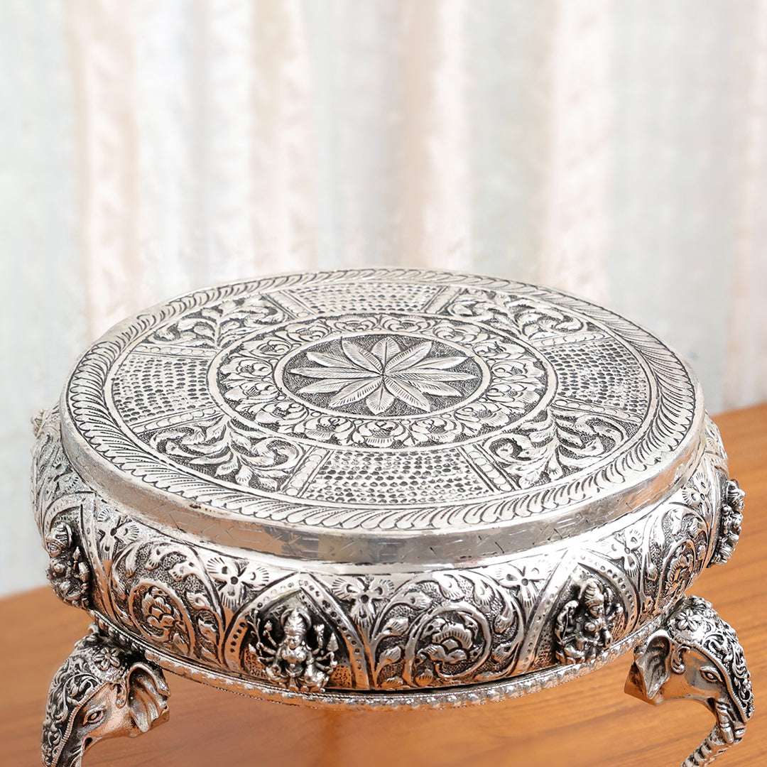 Brass Silver Plated Ashtalakshmi Chowki With Elephant Pillars (6.5 Inch) Vedansh Craft
