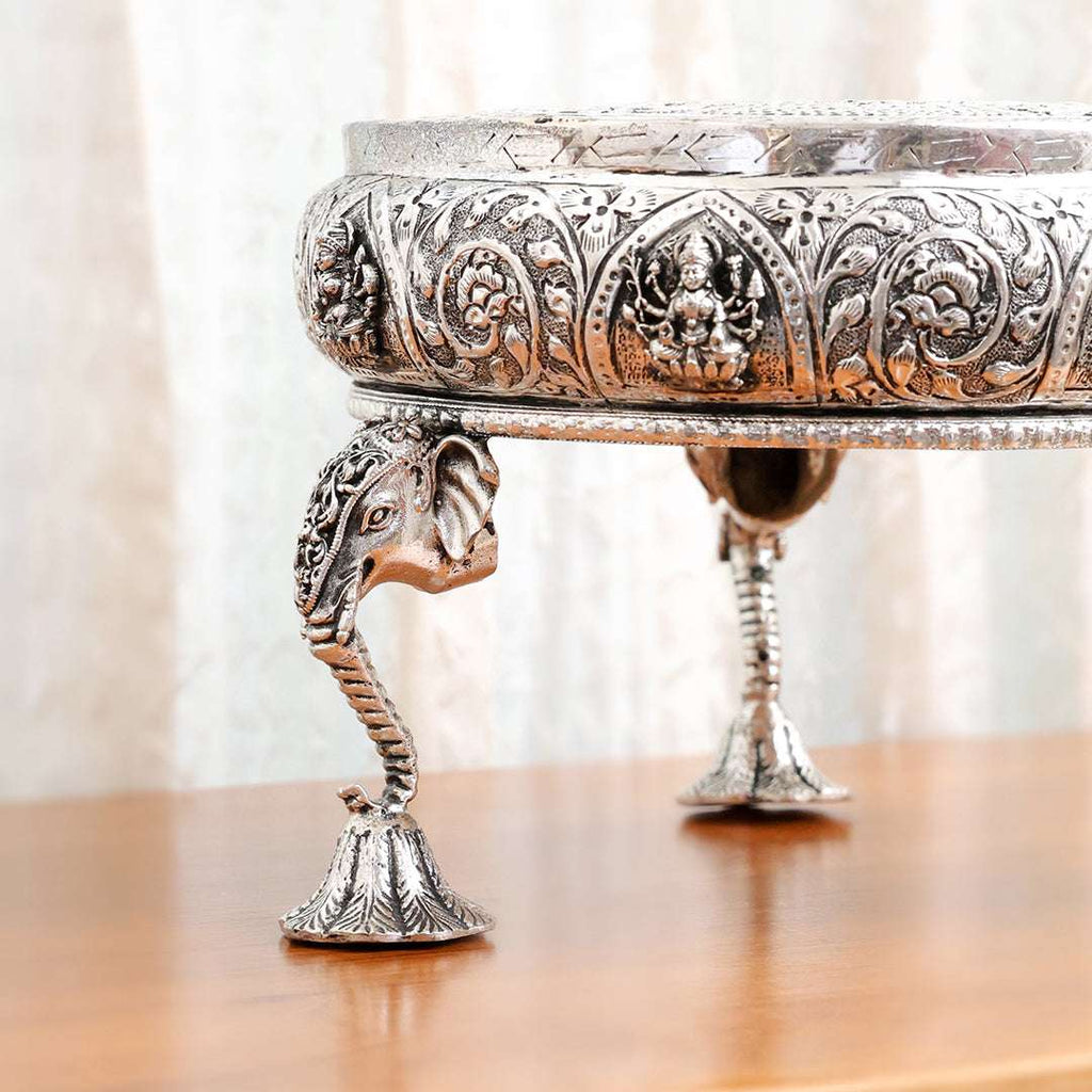 Brass Silver Plated Ashtalakshmi Chowki With Elephant Pillars (6.5 Inch) Vedansh Craft