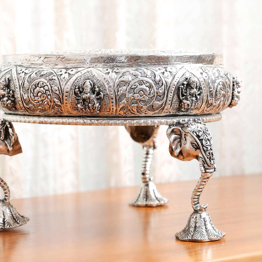 Brass Silver Plated Ashtalakshmi Chowki With Elephant Pillars (6.5 Inch) Vedansh Craft