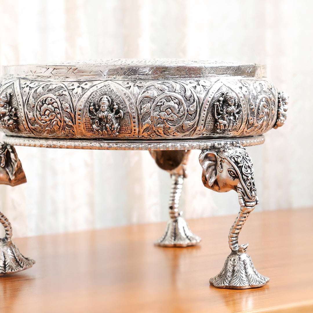 Brass Silver Plated Ashtalakshmi Chowki With Elephant Pillars (6.5 Inch) Vedansh Craft