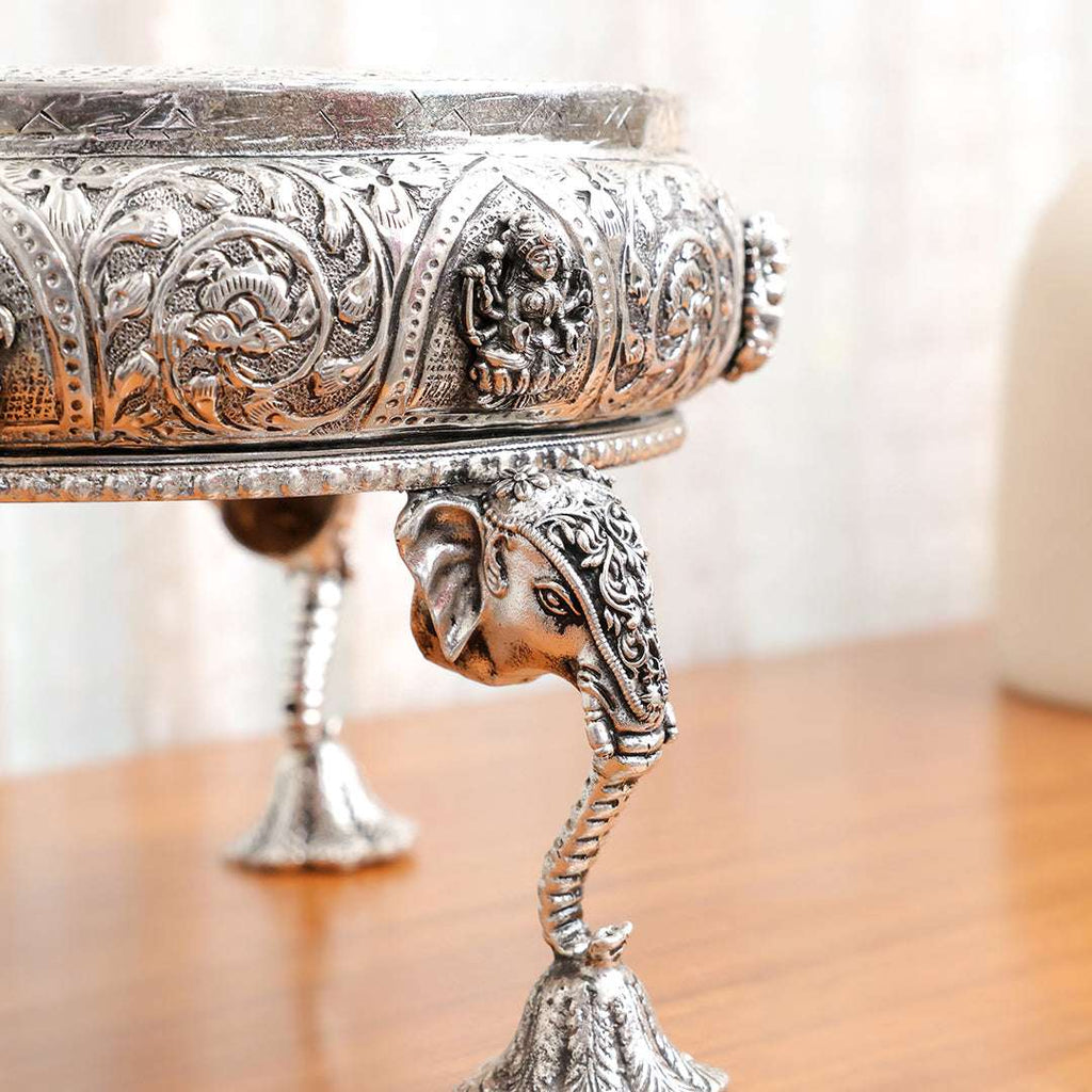 Brass Silver Plated Ashtalakshmi Chowki With Elephant Pillars (6.5 Inch) Vedansh Craft
