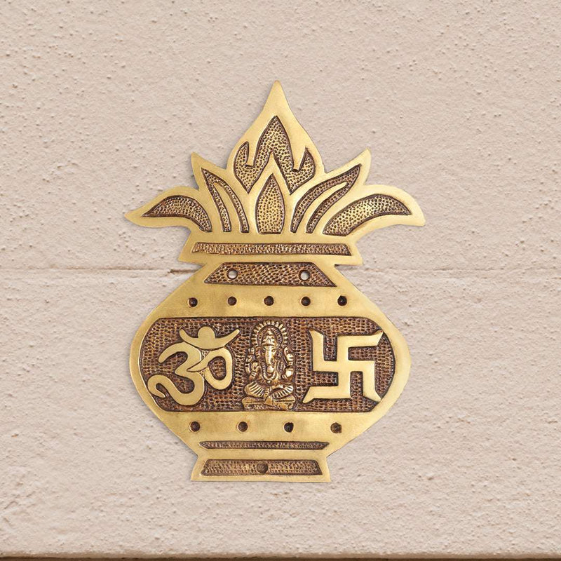 Brass Handcrafted  Hanging Kalash Wall Plaque with Om, Swastik & Lord Ganesha Motif (8 Inch) Vedansh Craft