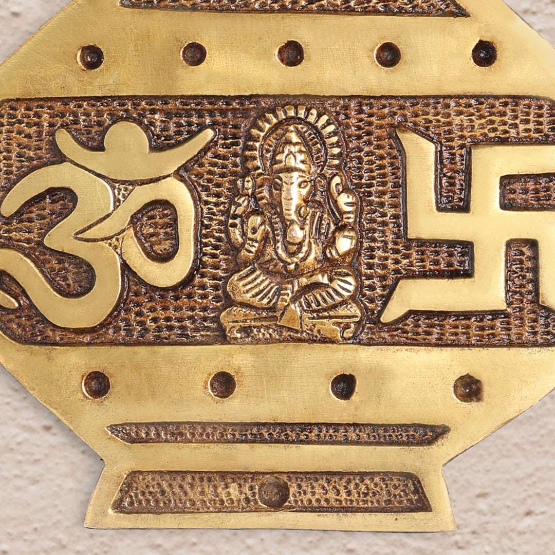 Brass Handcrafted  Hanging Kalash Wall Plaque with Om, Swastik & Lord Ganesha Motif (8 Inch) Vedansh Craft