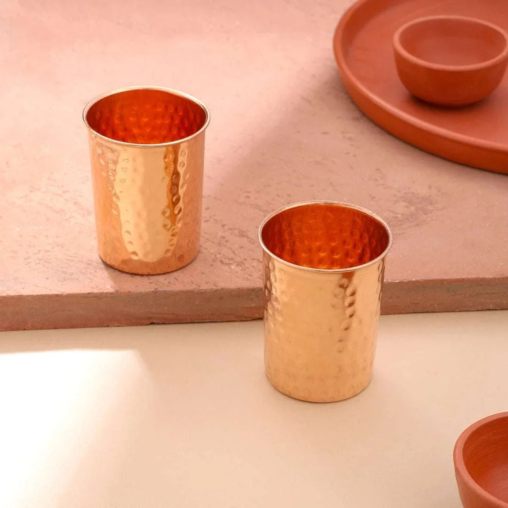 Copper Hammered Glass Pair (4 Inch) Vedansh Craft
