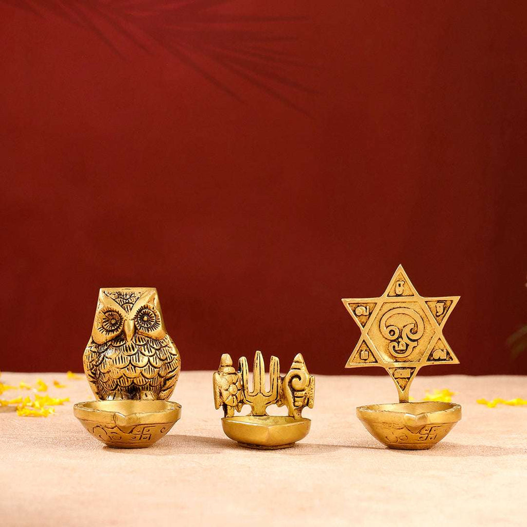 Brass Shankh Chakra Namah, Star Vel & Owl Diya Vedansh Craft