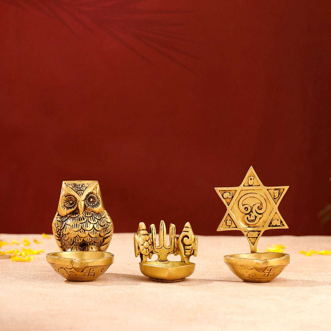 Brass Shankh Chakra Namah, Star Vel & Owl Diya Vedansh Craft