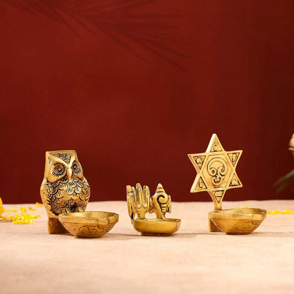 Brass Shankh Chakra Namah, Star Vel & Owl Diya Vedansh Craft