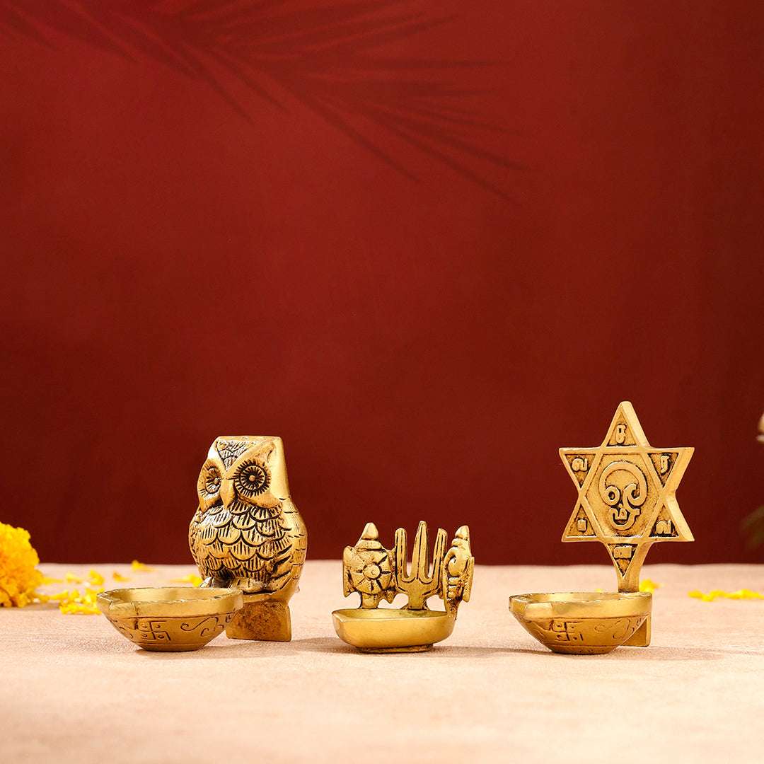 Brass Shankh Chakra Namah, Star Vel & Owl Diya Vedansh Craft