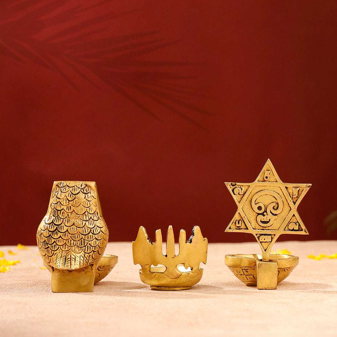 Brass Shankh Chakra Namah, Star Vel & Owl Diya Vedansh Craft