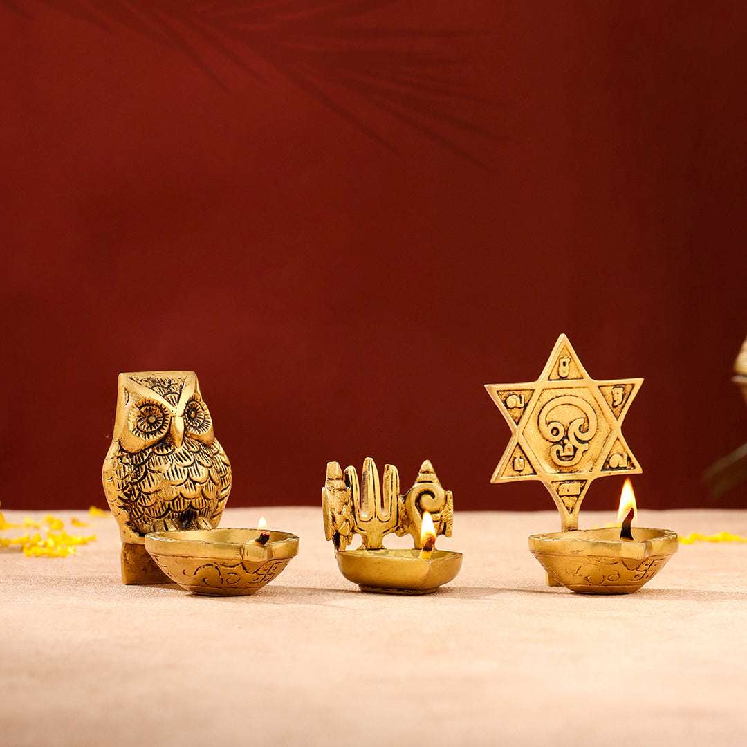 Brass Shankh Chakra Namah, Star Vel & Owl Diya Vedansh Craft