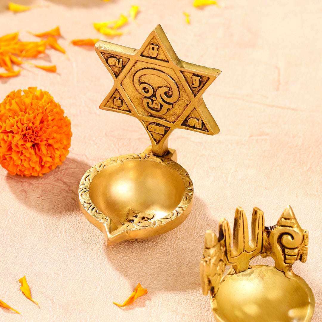 Brass Shankh Chakra Namah, Star Vel & Owl Diya Vedansh Craft