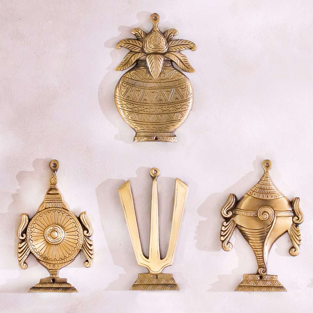 Brass Shankha Chakra Namaha Garuda Hanuman And Kalash Wall Hanging Set Vedansh Craft