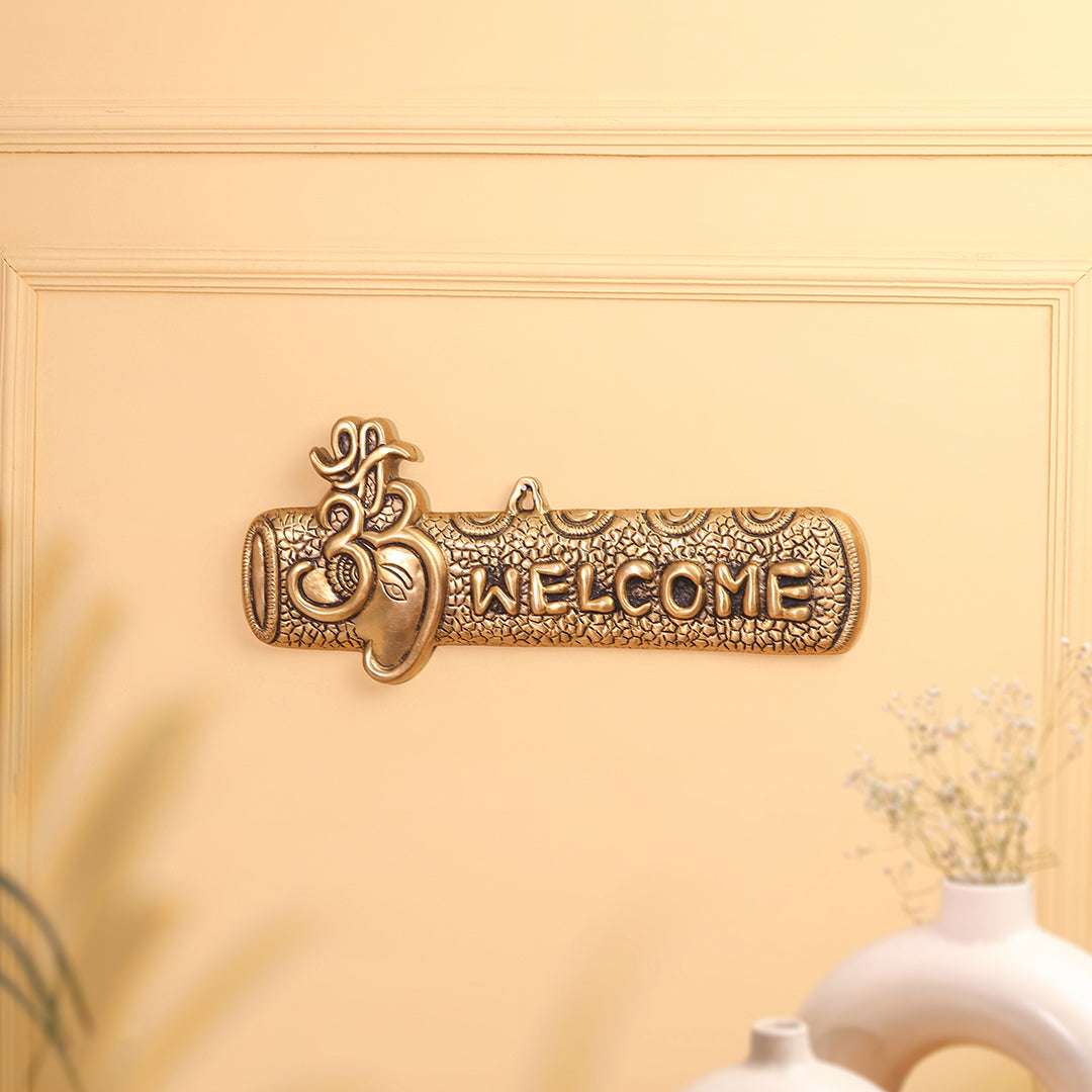 Brass Ganesha "Welcome" Wall Hanging Plate (15.5 Inch) Vedansh Craft