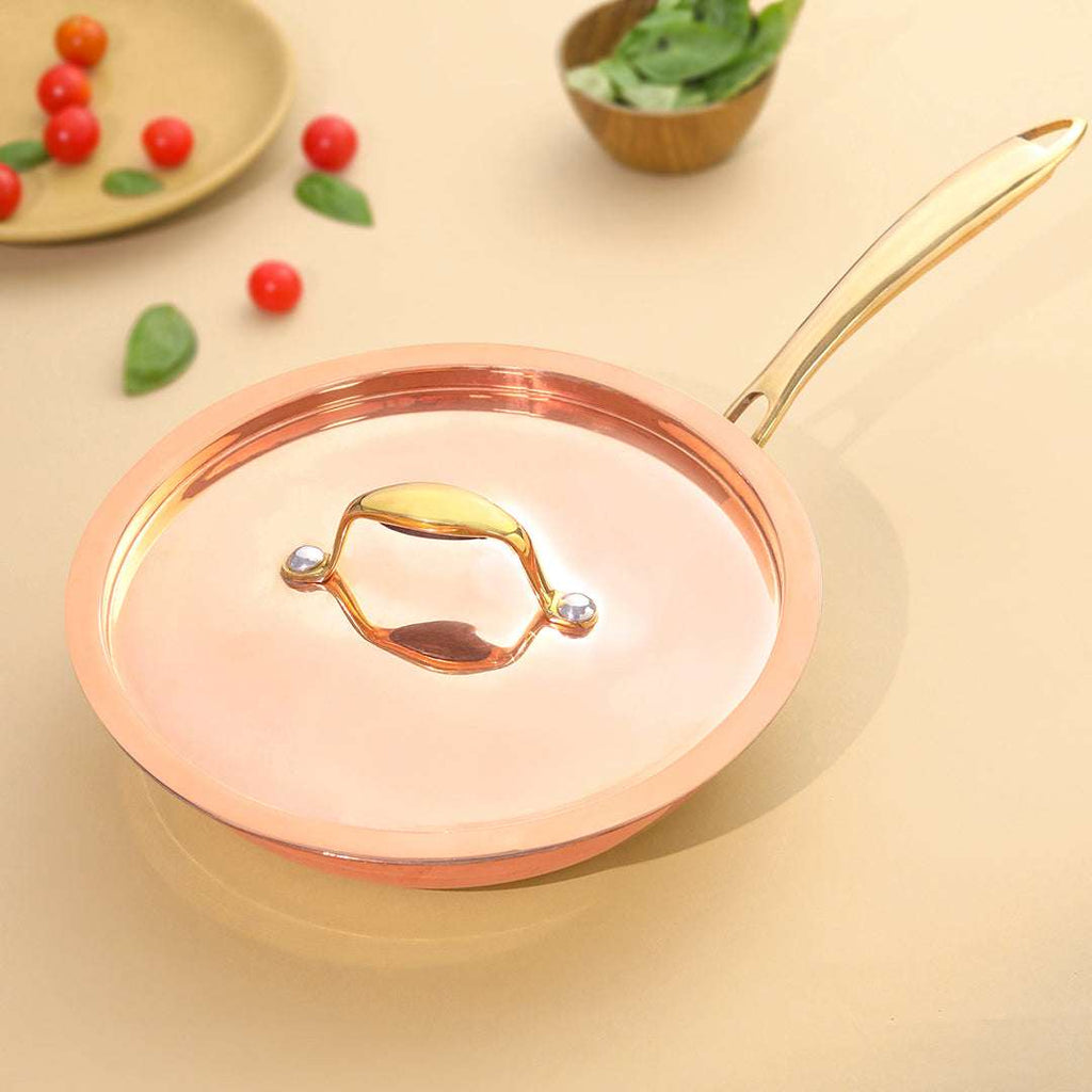 Copper Fry Pan With Lid And Handle (16.5 Inch) Vedansh Craft