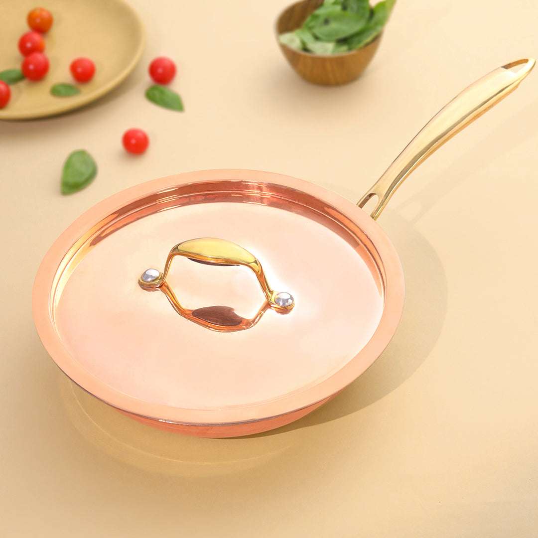 Copper Fry Pan With Lid And Handle (16.5 Inch) Vedansh Craft