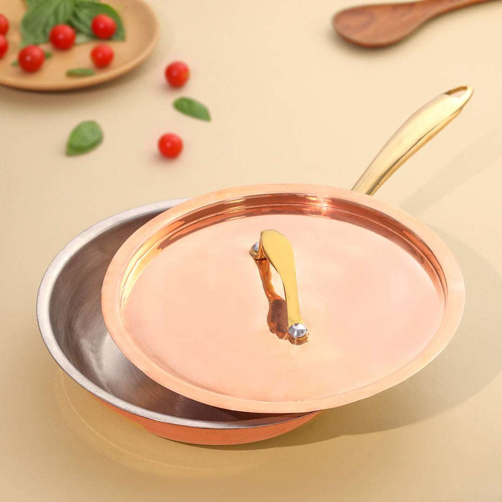 Copper Fry Pan With Lid And Handle (16.5 Inch) Vedansh Craft