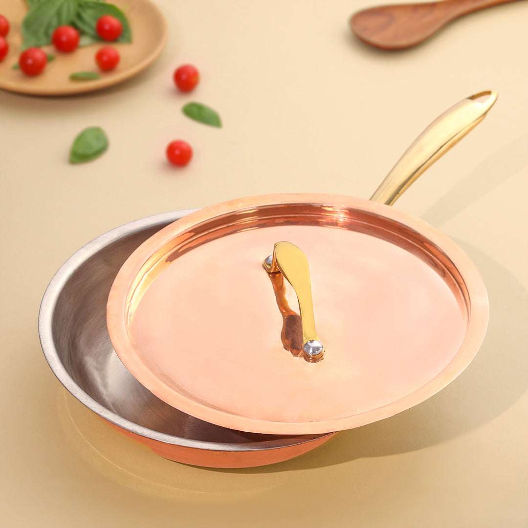 Copper Fry Pan With Lid And Handle (16.5 Inch) Vedansh Craft