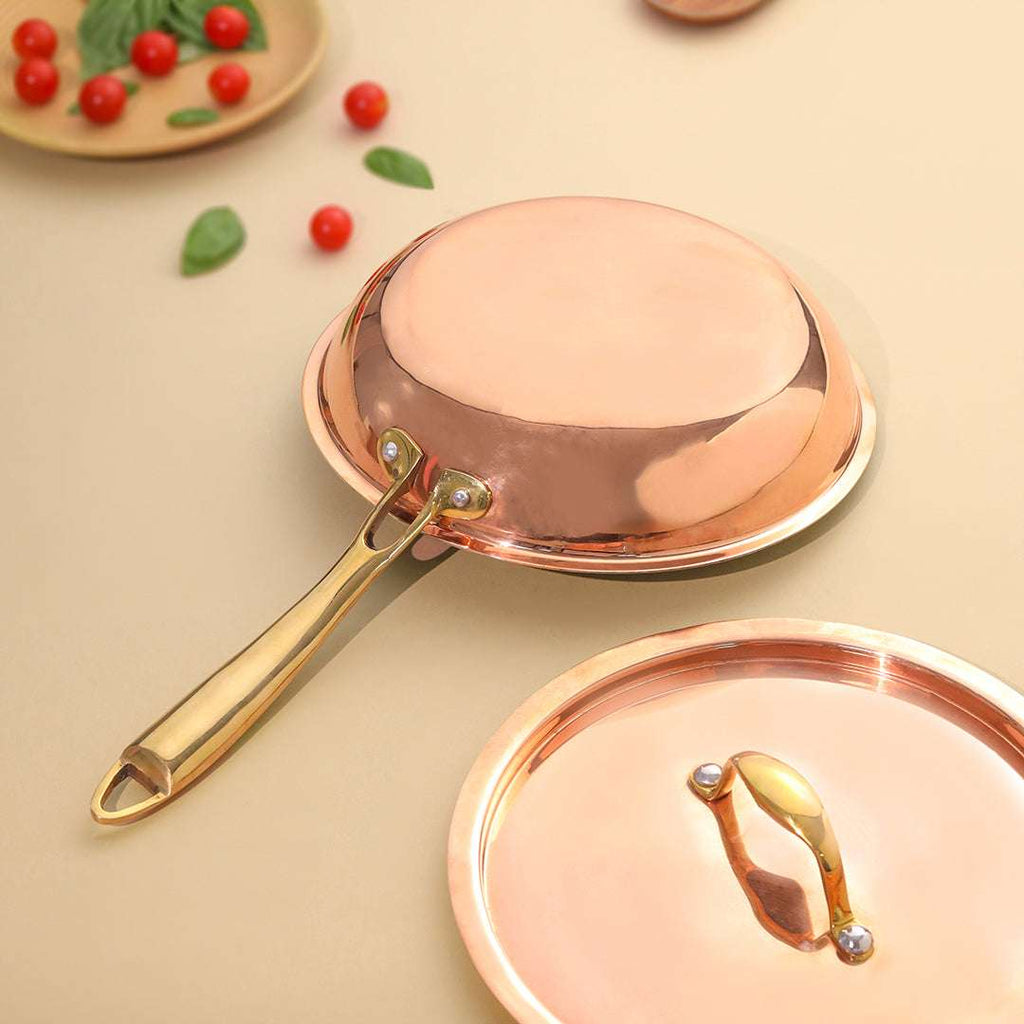 Copper Fry Pan With Lid And Handle (16.5 Inch) Vedansh Craft