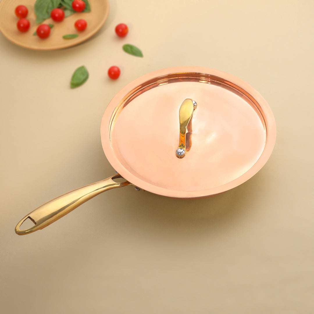 Copper Fry Pan With Lid And Handle (16.5 Inch) Vedansh Craft