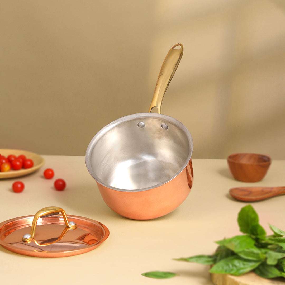 Copper Sauce Pan With Lid And Handle (14.3 Inch) Vedansh Craft