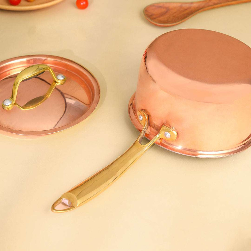 Copper Sauce Pan With Lid And Handle (14.3 Inch) Vedansh Craft