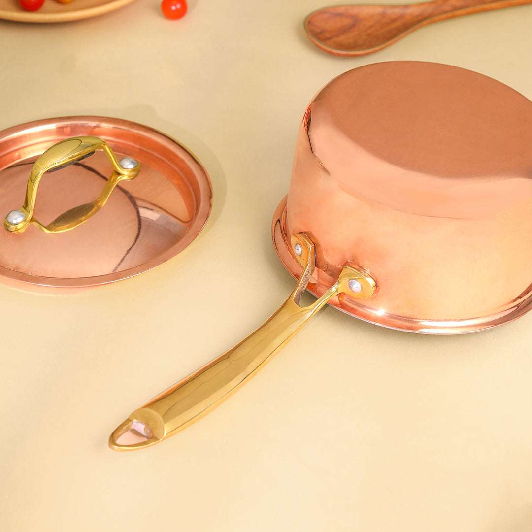 Copper Sauce Pan With Lid And Handle (14.3 Inch) Vedansh Craft
