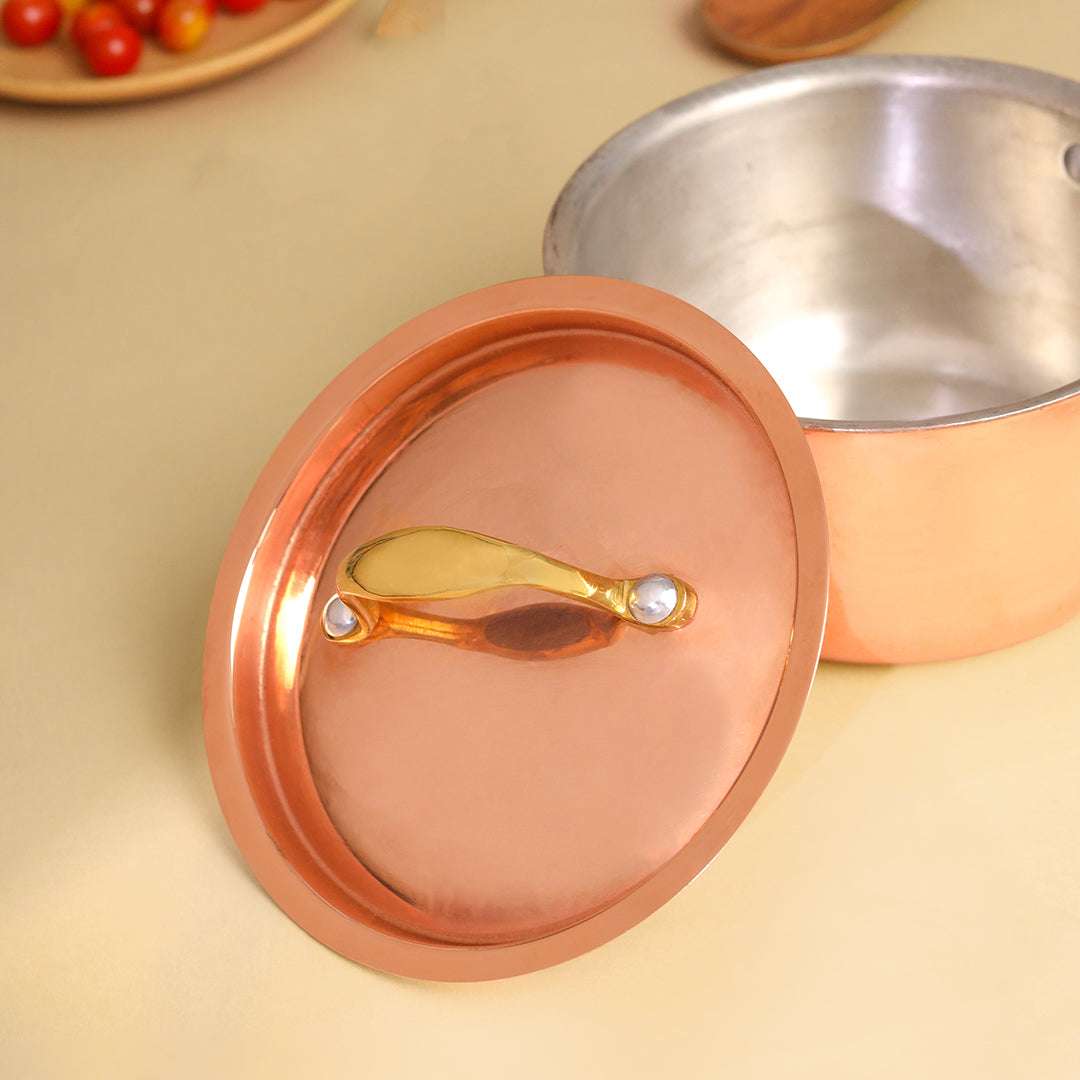Copper Sauce Pan With Lid And Handle (14.3 Inch) Vedansh Craft