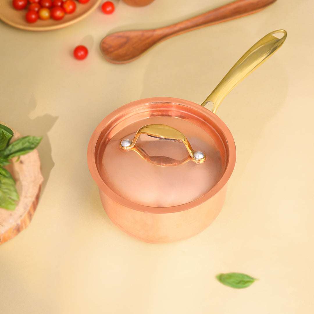 Copper Sauce Pan With Lid And Handle (14.3 Inch) Vedansh Craft