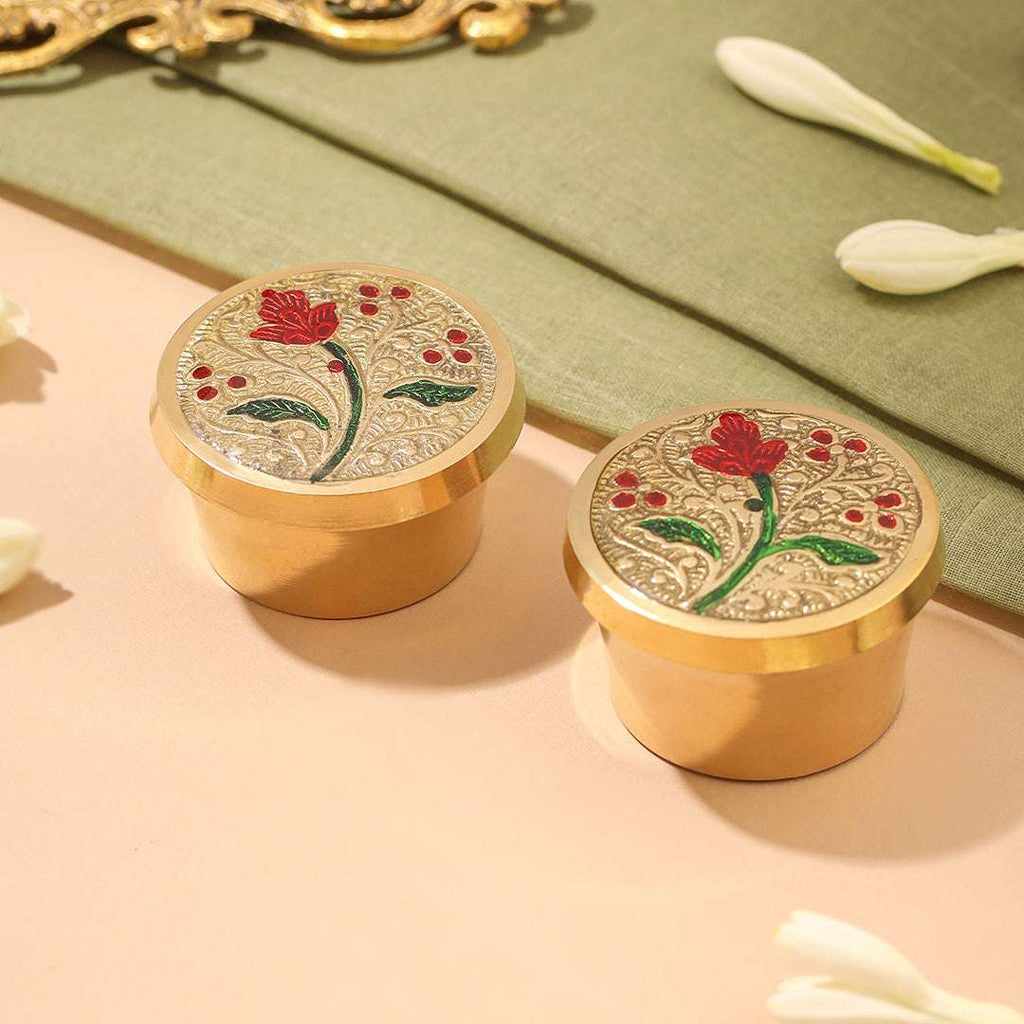 Brass Hand Painted Kumkum / Sindoor Box Pack of Two (1.2 INCH) Vedansh Craft