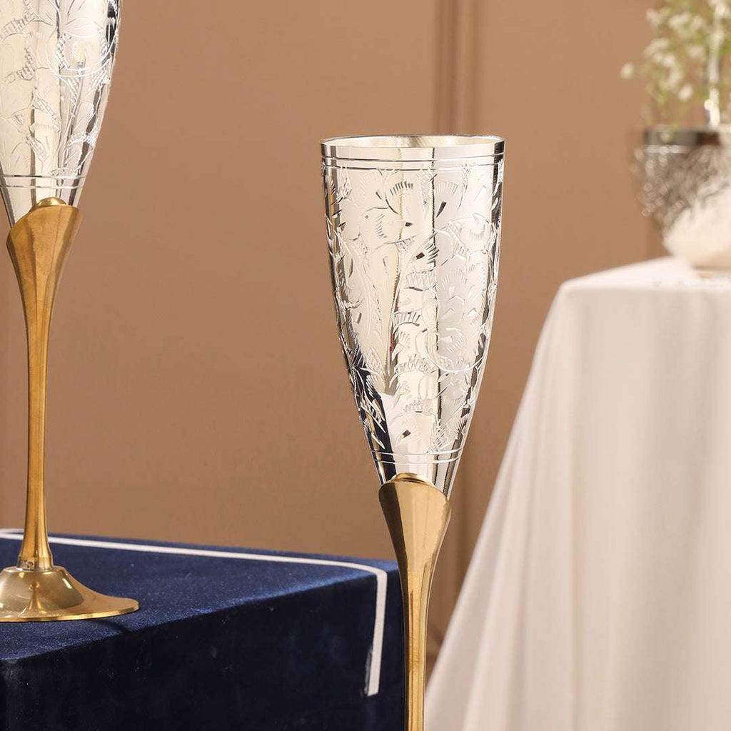 Brass Silver Plated Champagne Engraved Wine Glass Pair With Velvet Box Vedansh Craft