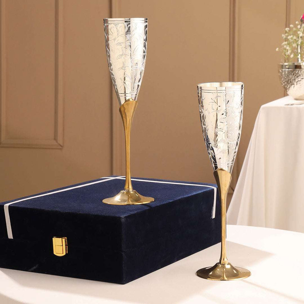 Brass Silver Plated Champagne Engraved Wine Glass Pair With Velvet Box Vedansh Craft