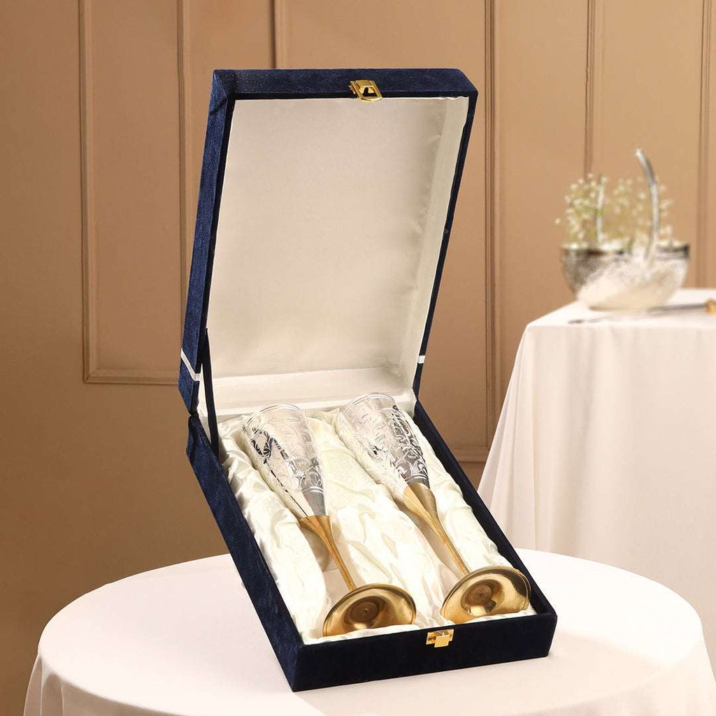 Brass Silver Plated Champagne Engraved Wine Glass Pair With Velvet Box Vedansh Craft