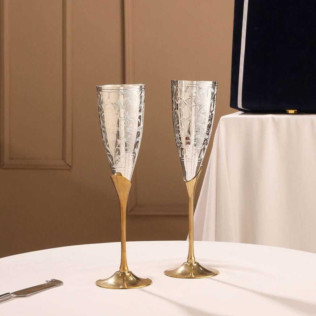 Brass Silver Plated Champagne Engraved Wine Glass Pair With Velvet Box Vedansh Craft