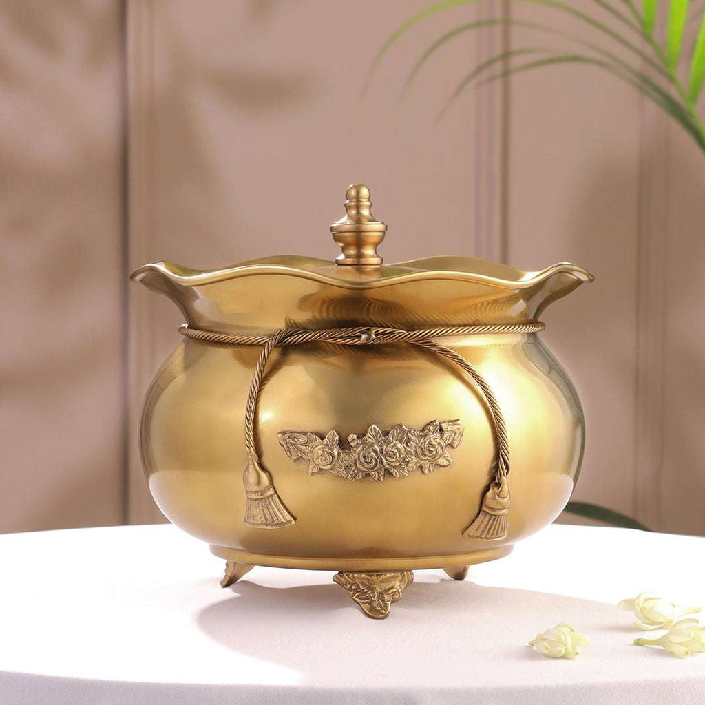Brass Floral Decorative Handi with Lid Neck Ribbon Bow Design (6.7 Inch) Vedansh Craft