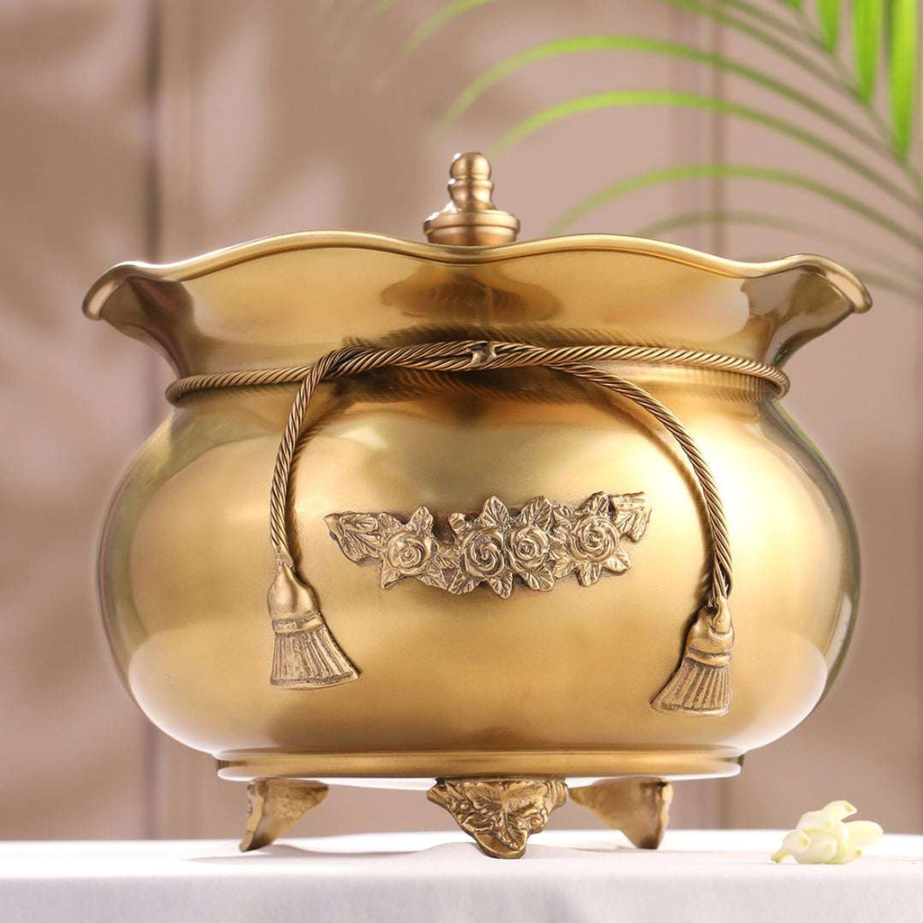 Brass Floral Decorative Handi with Lid Neck Ribbon Bow Design (6.7 Inch) Vedansh Craft