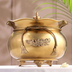 Brass Floral Decorative Handi with Lid Neck Ribbon Bow Design (6.7 Inch) Vedansh Craft