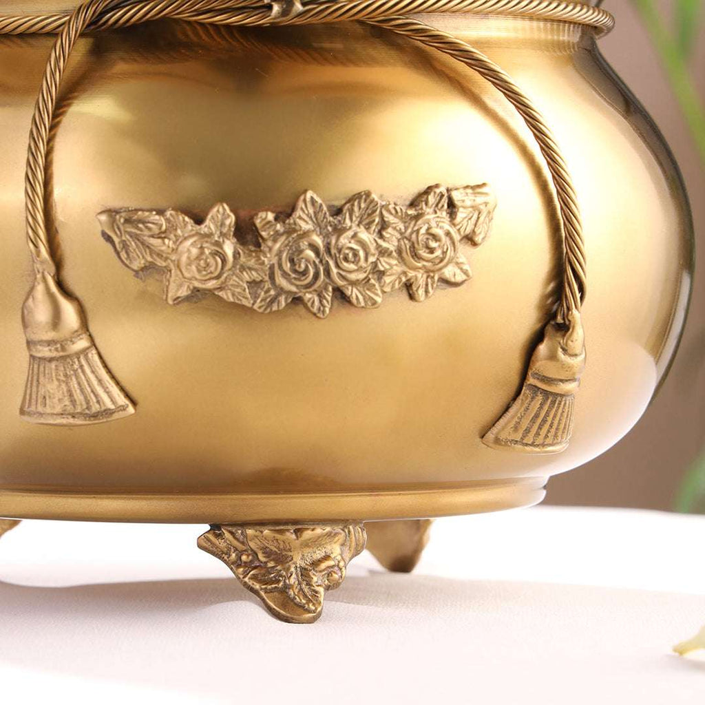 Brass Floral Decorative Handi with Lid Neck Ribbon Bow Design (6.7 Inch) Vedansh Craft