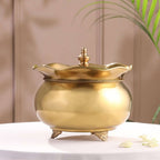 Brass Floral Decorative Handi with Lid Neck Ribbon Bow Design (6.7 Inch) Vedansh Craft