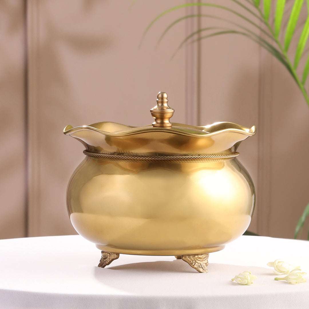 Brass Floral Decorative Handi with Lid Neck Ribbon Bow Design (6.7 Inch) Vedansh Craft
