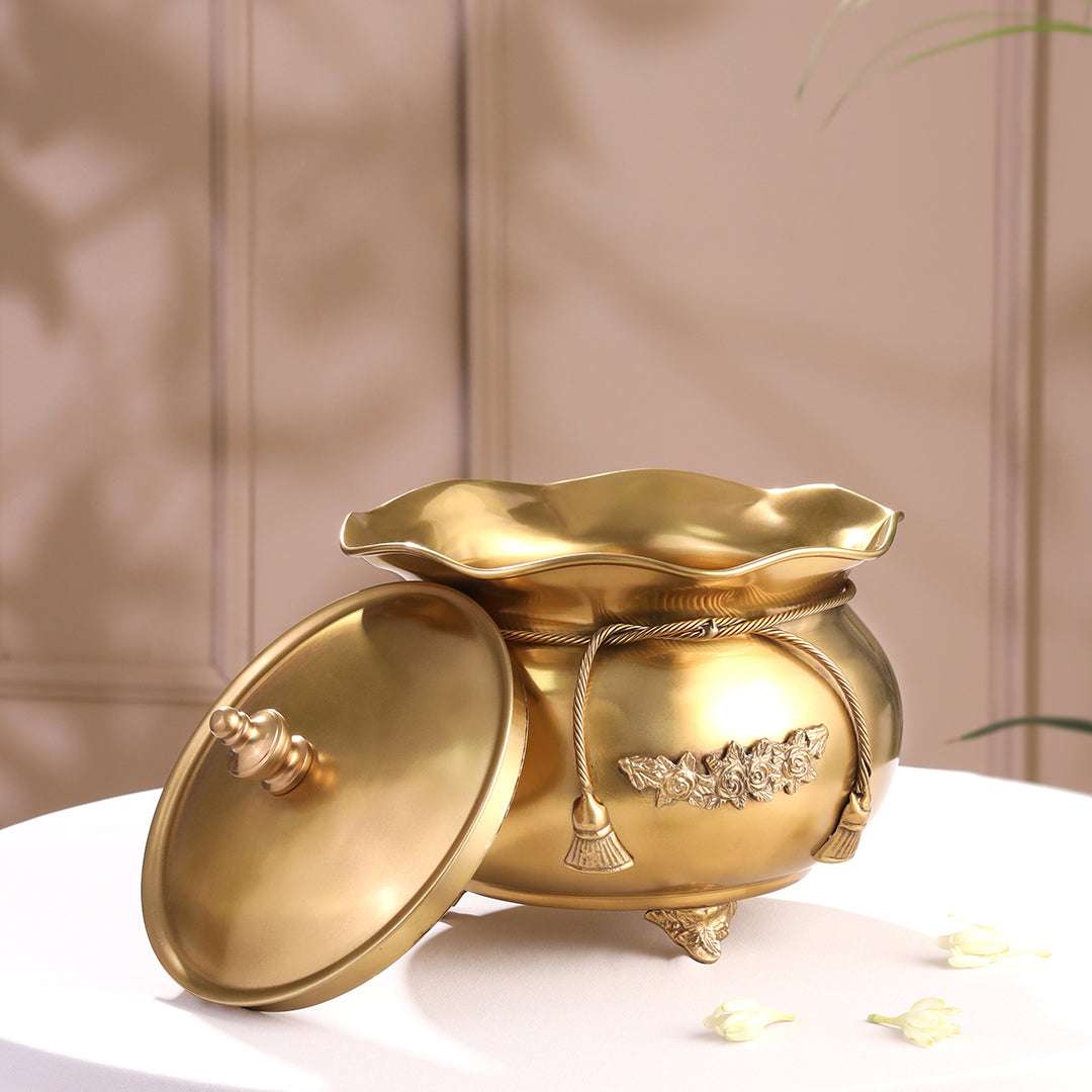 Brass Floral Decorative Handi with Lid Neck Ribbon Bow Design (6.7 Inch) Vedansh Craft