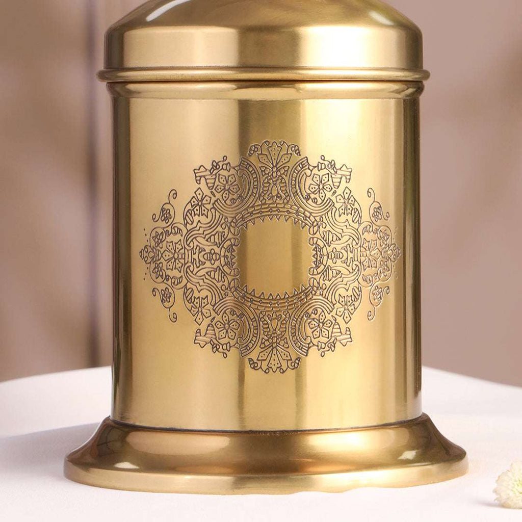 Brass Embossed Design Jar with leaf knob on lid, Brass Decorative Storage Box Vedansh Craft