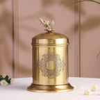 Brass Embossed Design Jar with leaf knob on lid, Brass Decorative Storage Box Vedansh Craft