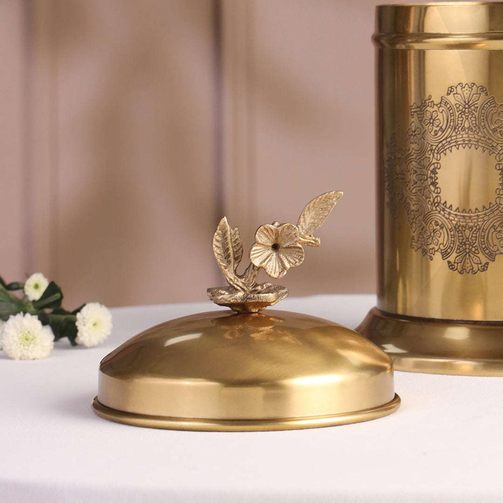 Brass Embossed Design Jar with leaf knob on lid, Brass Decorative Storage Box Vedansh Craft
