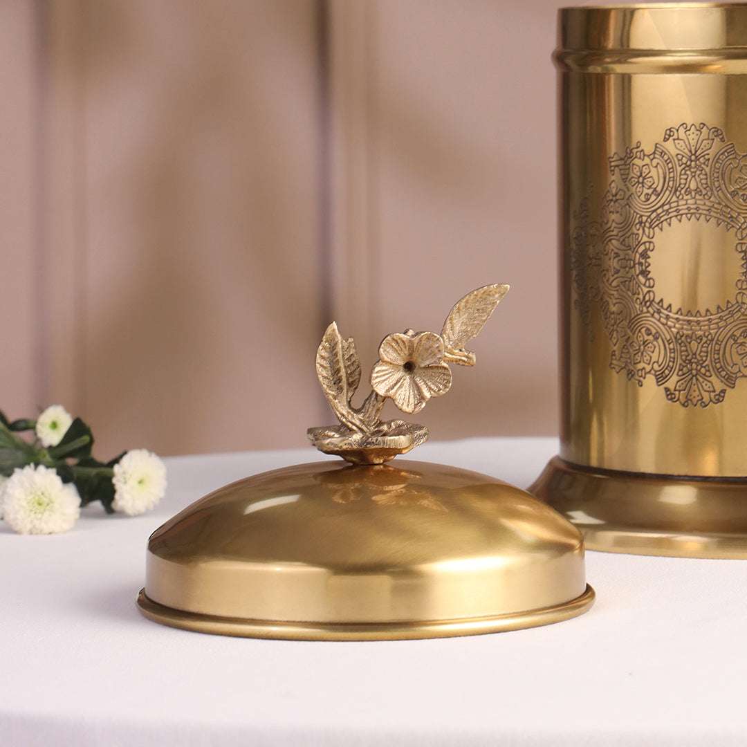 Brass Embossed Design Jar with leaf knob on lid, Brass Decorative Storage Box Vedansh Craft